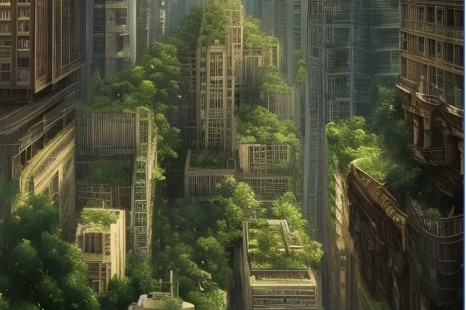 A futuristic version of New York City, with plants growing neatly on top of modern skycrapers.